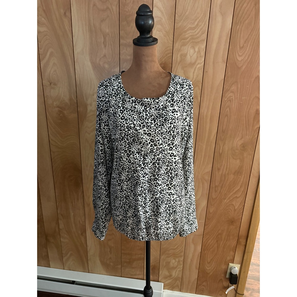Ann Taylor LOFT Leopard Print Blouse Black White Animal Scoop Neck Top Large L